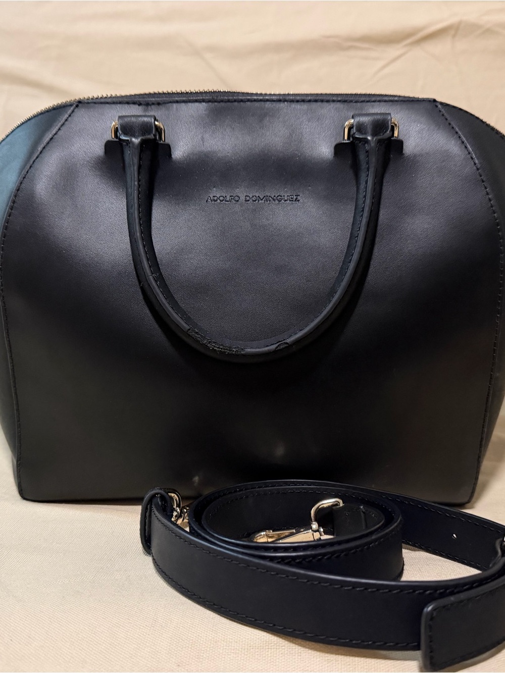 Adolfo Dominguez Black Leather Dome Satchel with Detachable Strap